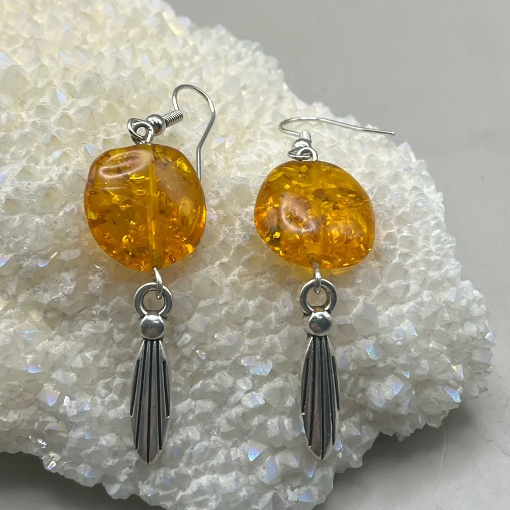 Boho Silver Tone Amber Drop Earrings | Dangle Hook | Natural Gemstone Jewelry